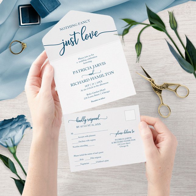 Chic Ocean Blue Calligraphy Casual Wedding All In One Invitation (Creator Uploaded)