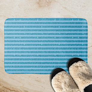 Chic Ocean Blue Glitter Style Horizontal Stripes Bath Mat