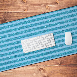 Chic Ocean Blue Glitter Style Horizontal Stripes Desk Mat