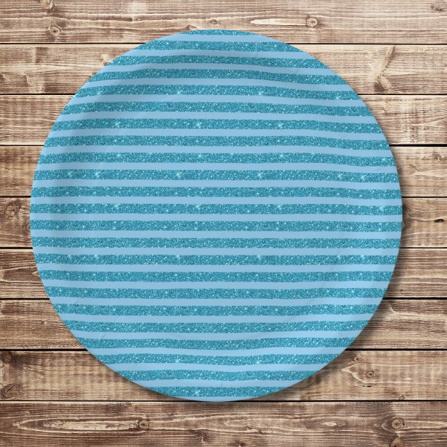 Chic Ocean Blue Glitter Style Horizontal Stripes Paper Plate (Creator Uploaded)