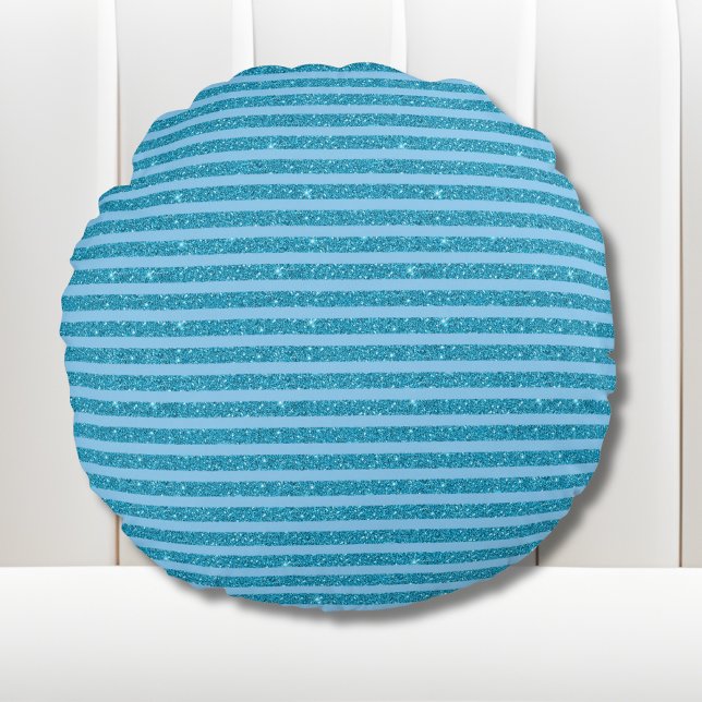 Chic Ocean Blue Glitter Style Horizontal Stripes Round Pillow (Creator Uploaded)