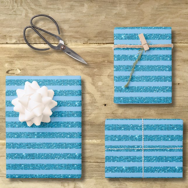 Chic Ocean Blue Glitter Style Horizontal Stripes Wrapping Paper Sheet (Creator Uploaded)