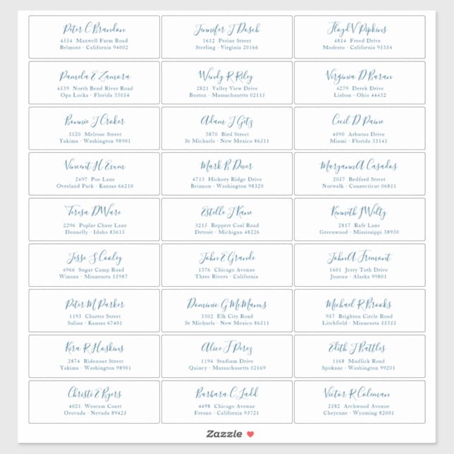 Chic Ocean Blue Script Guest Names Address Sticker (Sheet)