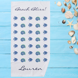 Chic Ocean Blue White Shells and Fish Name Beach Towel