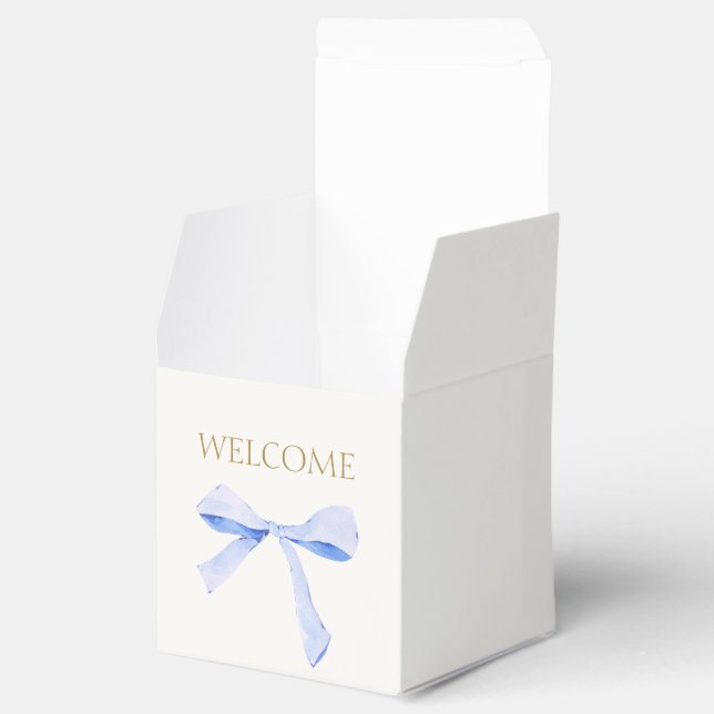 Chic Off White | Blue Ribbon Wedding Welcome Favor Box (Opened)