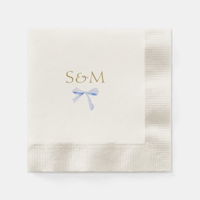 Chic Off White | Blue Ribbon Wedding Welcome Napkin (Front)