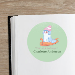 Chic Old English Sheepdog Sled Green Bookplate Classic Round Sticker