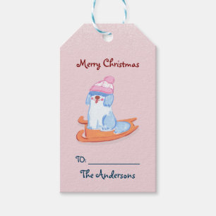 Chic Old English Sheepdog Sled Pink Christmas Gift Tags
