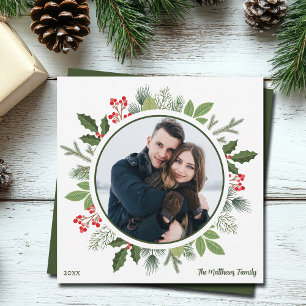 Chic Olive Green Holly Christmas Wreath Photo Holiday Card