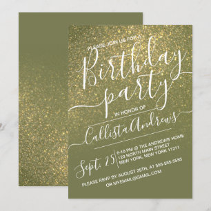 Chic Olive Green Sparkly Glitter Ombre Birthday Invitation