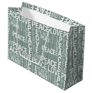 Chic Olive Green White Peace Love Christmas Large Gift Bag