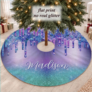 Chic Ombre Blue Purple Glitter Monogram Brushed Polyester Tree Skirt
