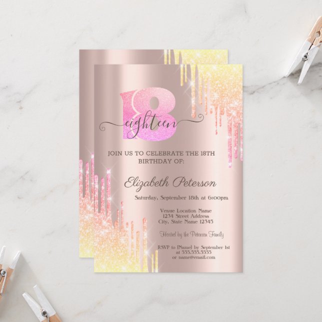  Chic Ombre Glitter Drips Rose Gold 18th Birthday  Invitation (Front/Back In Situ)