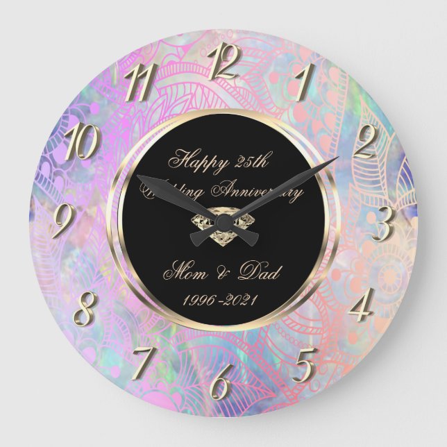 Chic Ombre Gold Mandala 25th Wedding Anniversary Large Clock (Front)