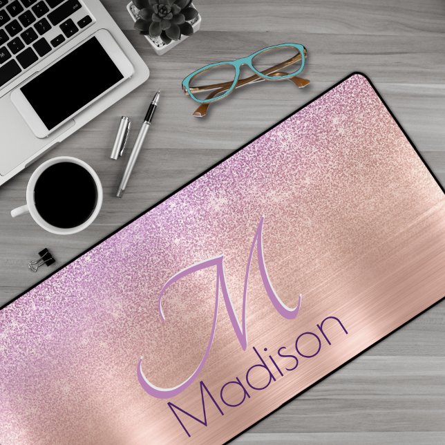Chic ombre pink rose blush glitter monogram desk mat (Creator Uploaded)