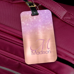 Chic ombre pink rose blush glitter monogram luggage tag