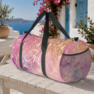 Chic ombre rose blush pink glitter monogram duffle bag