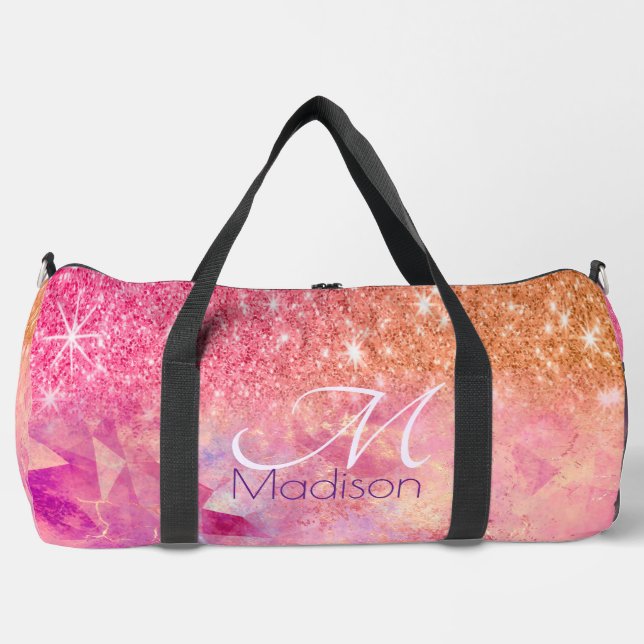 Chic ombre rose blush pink glitter monogram duffle bag (Front)