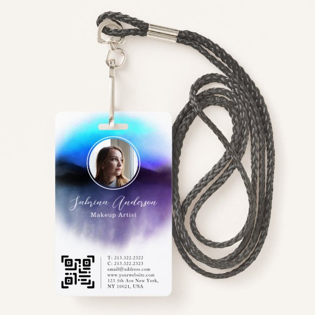 Chic Ombre Watercolor Abstract Script Photo Logo Badge (Front with Lanyard)