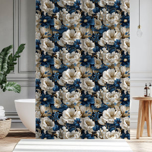 Chic Opulent Blue White Ivory Floral Bath Shower