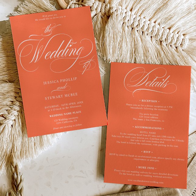Chic orange all in one calligraphy wedding invitation (Chic orange all in one calligraphy wedding invitation)