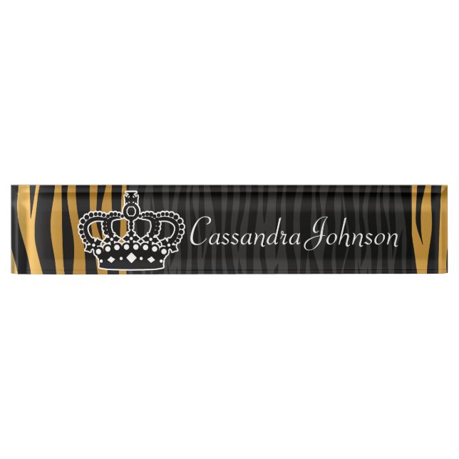 Chic orange and black tiger print and crown nameplate (Front)