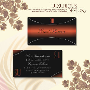Chic Orange Black with Silver Border and Monogram Business Card