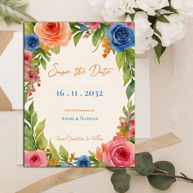Chic Orange Blue Flowers Bloom Floral  Wedding  Announcement Postcard (Chic Orange Blue Flowers Bloom Floral Wedding Announcement Postcard)