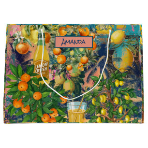 Chic orange blue turquoise sicilian citrus collage large gift bag