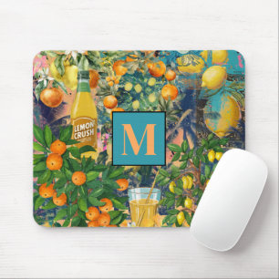 Chic orange blue turquoise sicilian citrus collage mouse pad