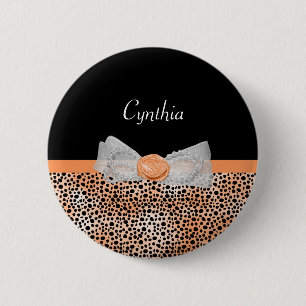 Chic Orange Cheetah Print Cute Rose Bow and Name 2 Inch Round Button