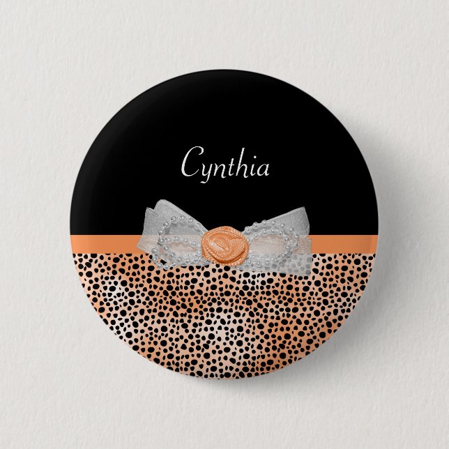 Chic Orange Cheetah Print Cute Rose Bow and Name 2 Inch Round Button (Front)