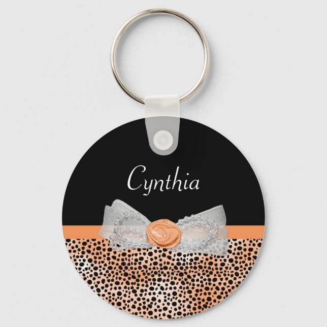 Chic Orange Cheetah Print Cute Rose Bow and Name Keychain (Front)
