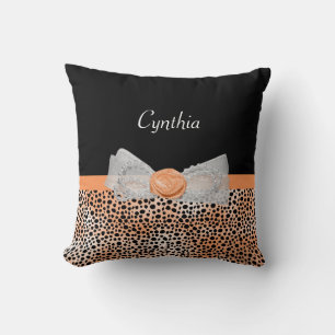 Chic Orange Cheetah Print Cute Rose Bow and Name Throw Pillow