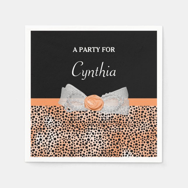Chic Orange Cheetah Print Cute Rose Bow Party Name Napkin (Front)