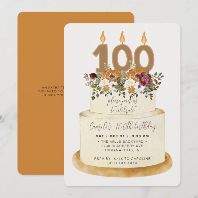 Chic Orange Fall Autumn 100th Birthday Cake Invitation (Front/Back)