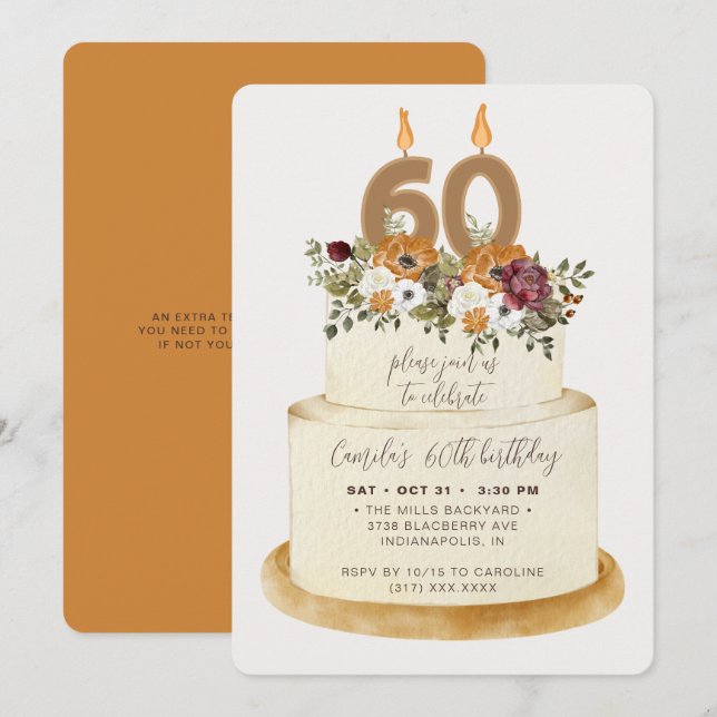 Chic Orange Fall Autumn 60th Birthday Cake Invitation (Front/Back)