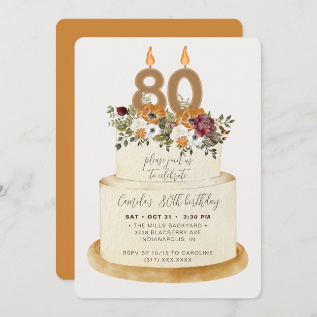 Chic Orange Fall Autumn 80th Birthday Cake Invitation (Front/Back)