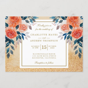 Chic Orange Floral Watercolor Wedding Invitation
