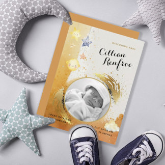 Chic Orange Gold Glitter Baby Birth Announcement
