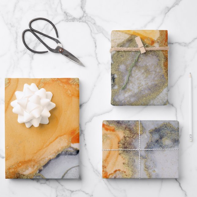 Chic Orange Grey Gold Abstract Art Wrapping Paper Sheet (Front)