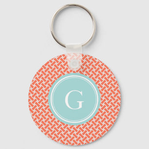 Chic orange herringbone geometric pattern monogram keychain