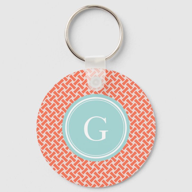 Chic orange herringbone geometric pattern monogram keychain (Front)