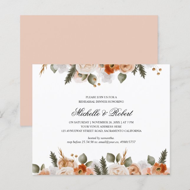 Chic Orange Ivory Moss Wedding Rehearsal Dinner (Front/Back)