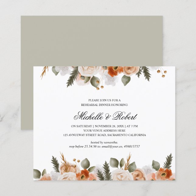 Chic Orange Ivory Sage Wedding Rehearsal Dinner (Front/Back)