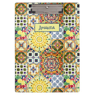 Chic Orange Mediterranean Geometric Tile Monogram Clipboard