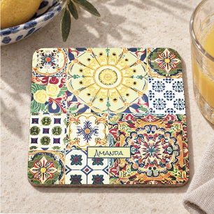 Chic Orange Mediterranean Geometric Tile Monogram Stone Coaster
