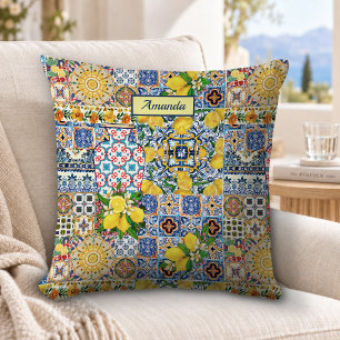 Chic Orange Mediterranean Tile Monogram Throw Pillow