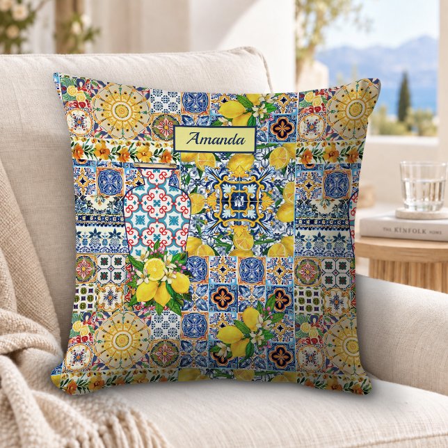 Chic Orange Mediterranean Tile Monogram Throw Pillow (Creator Uploaded)