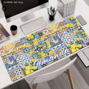 Chic Orange Mediterranean Tile Pattern Desk Mat
